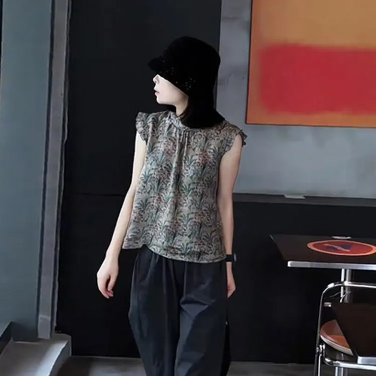 夏季新款轻奢复古印花衬衫女时尚减龄宽松百搭气质独特漂亮小衫