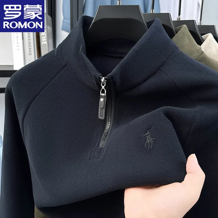 罗蒙半拉链奥粒绒男士长袖卫衣秋冬季保暖宽松刺绣打底衫休闲上衣