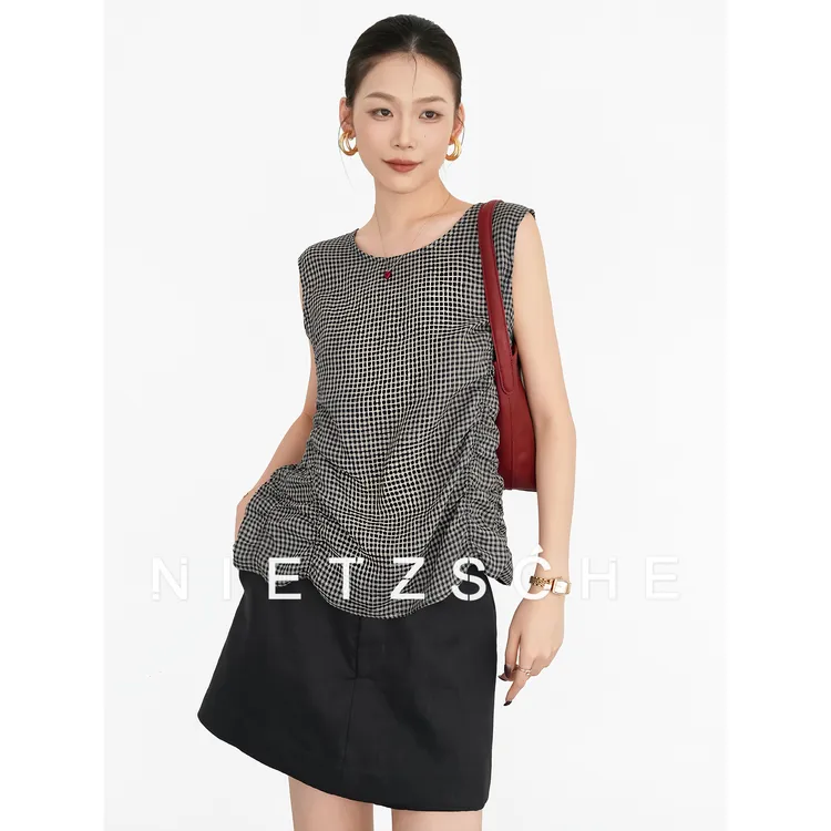 Nietzsche｜时髦曼哈顿｜1oo%亚麻 设计感捏褶慵懒风格子背心71097