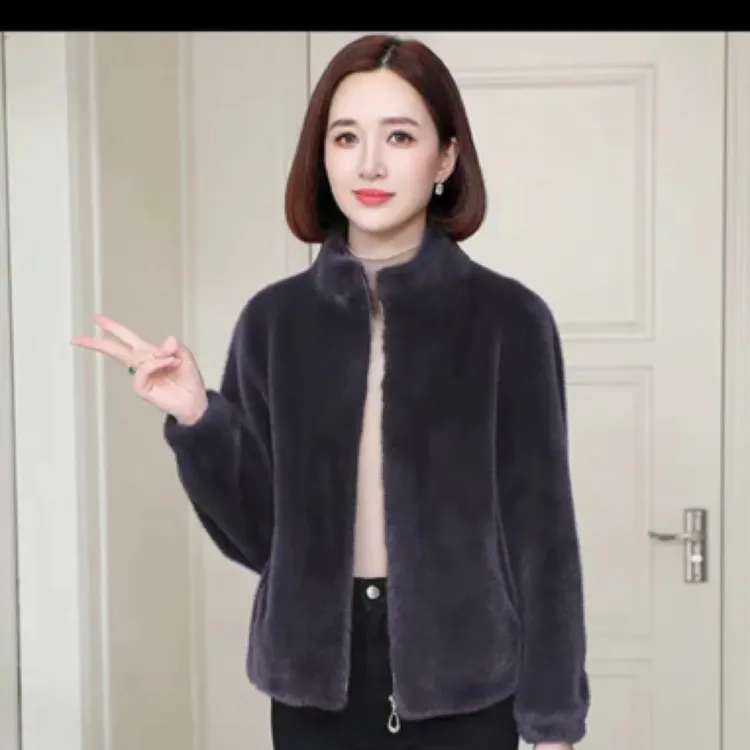 秋冬女装欧貂绒短款立领加厚保暖外套时尚百搭中老妈妈款拉链款60