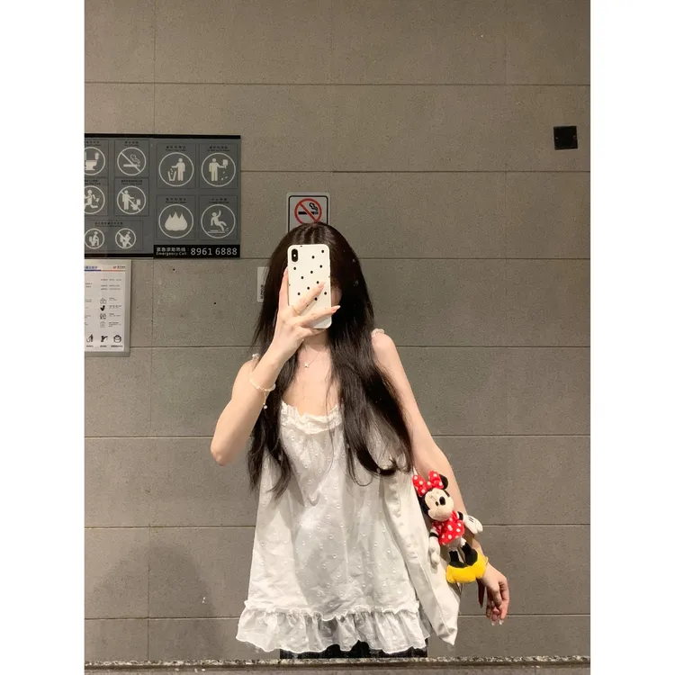 韩系甜美白色木耳边无袖吊带背心夏季新款减龄百搭显瘦休闲上衣女