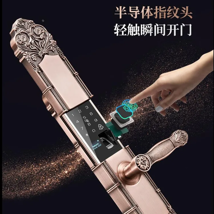 德国新款别墅双开门指纹锁家用防盗门电子智能锁欧式复古铜大门密
