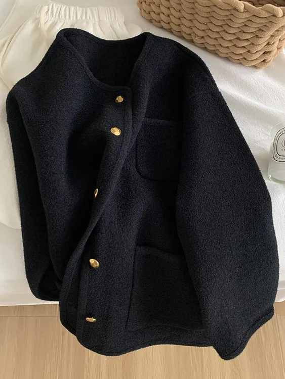 气质黑色金扣圆领小香风针织毛衣开衫2025秋冬韩系宽松高级感外套