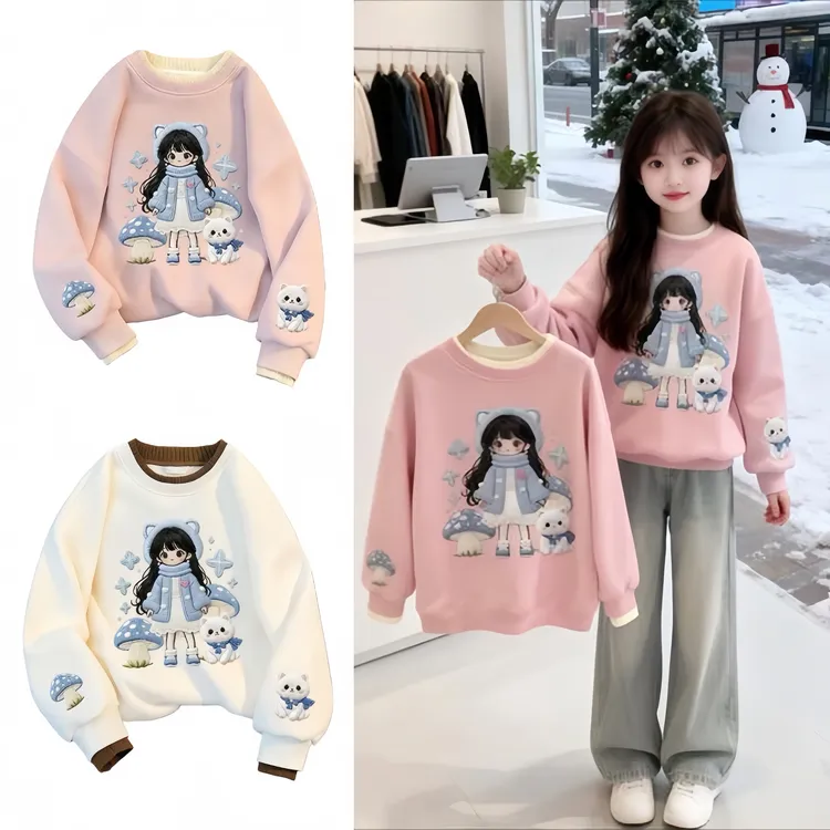 【现货】女童加绒加厚卫衣秋冬装卡通印花圆领上衣女孩洋气百搭