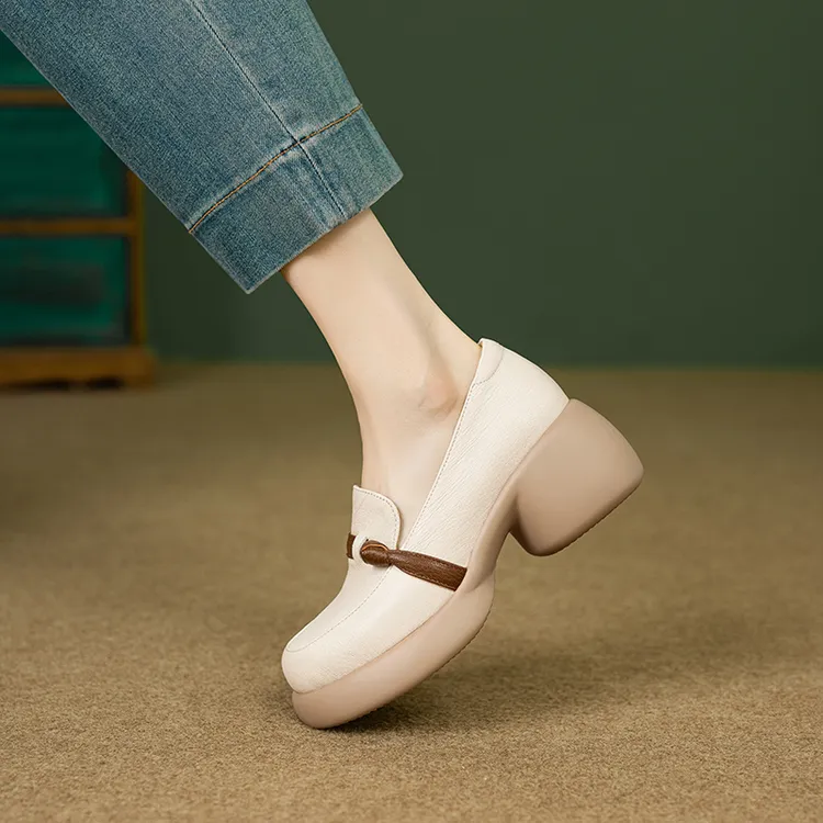 真皮软底软皮高跟单鞋女粗跟舒适小皮鞋休闲厚底深口乐福鞋四季款