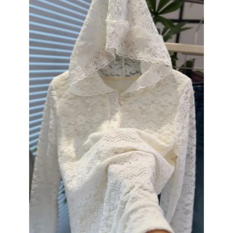 高级感蕾丝花边连帽针织衫女长袖2025新款法式秋冬时尚加绒打底衫