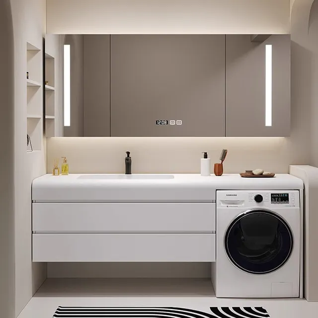 定制可丽耐洗衣机伴侣一体柜岩板无缝实木浴室柜组合卫生间洗漱台