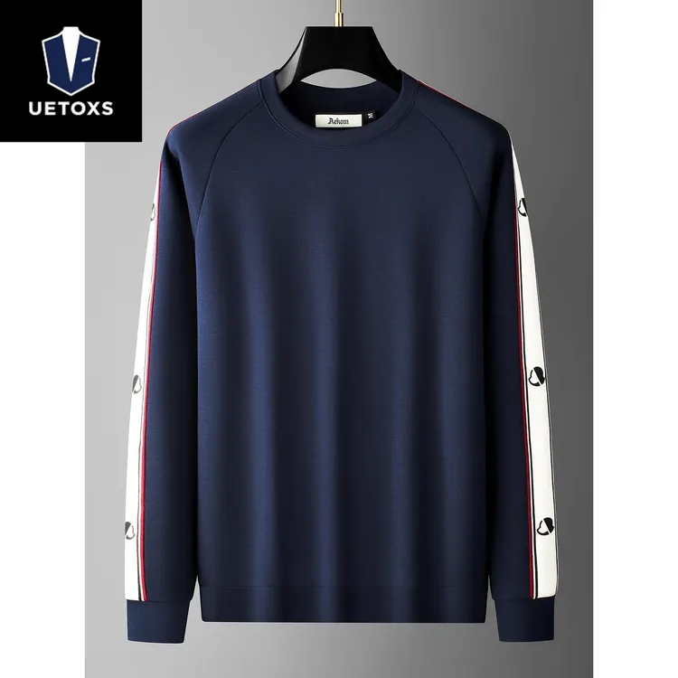 秋冬休闲百搭莫代尔撞色拼接套头上衣服男士修身圆领长袖卫衣男款