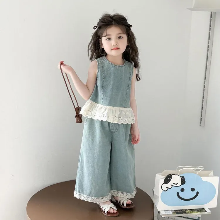FAVMARTHA2025夏季新款洋气女童牛仔背心阔腿裤套装小女孩夏装无
