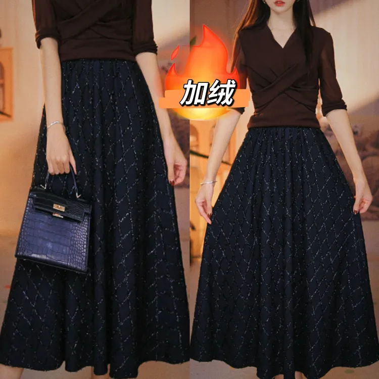 加绒加厚半身裙女复古显瘦中长款A字大摆裙秋冬洋气亮丝气质显瘦