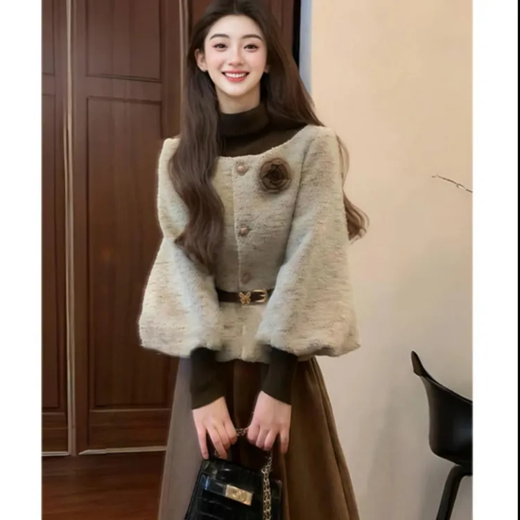 气质名媛独特绝美套装2025冬季新款加厚外套半裙小香风一整套女装