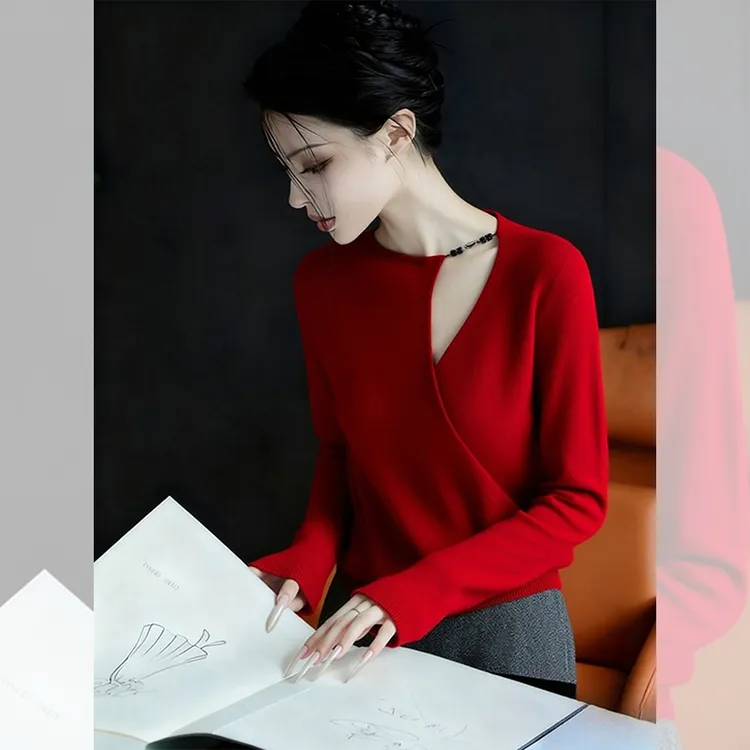 别致独特漂亮内搭红色镂空打底小衫女秋冬洋气高贵百搭针织衫上衣