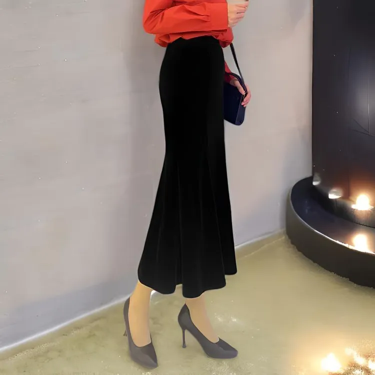 中长款高腰鱼尾裙大码显瘦半身裙 秋冬季复古港风职业包臀长裙冬