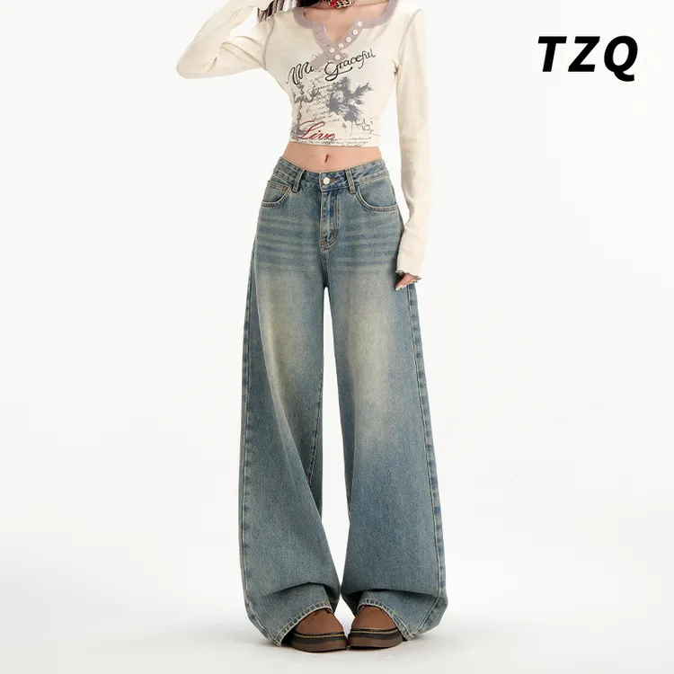 美式复古直筒牛仔裤女爆款2025新款宽松长裤垂感阔腿裤TZQ2520614