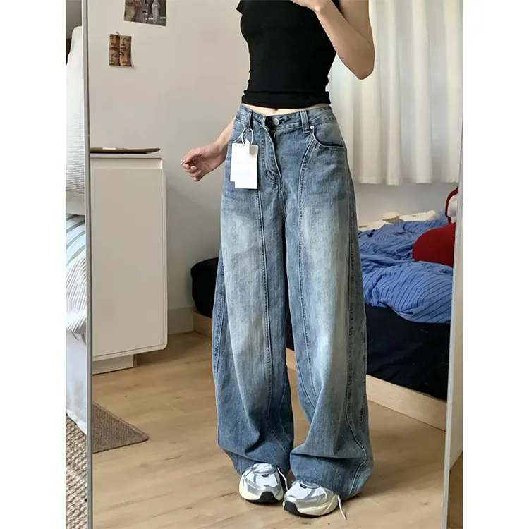 小众设计感镰刀高街拖地牛仔裤女夏季新款美式复古高腰宽松阔腿裤