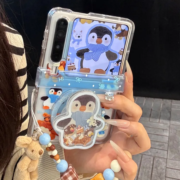 适用华为purax典藏版折叠屏手机壳pocket2透蓝企鹅摇摇乐磁吸支架