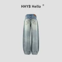 HHYB Hello设计感口袋刺绣复古浅蓝色中低腰压褶渐变牛仔裤H60060