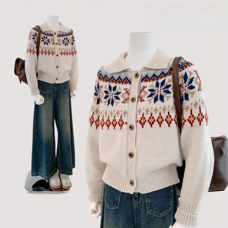 费尔岛polo领复古慵懒风毛衣2025秋冬新款韩系小个子百搭针织开衫