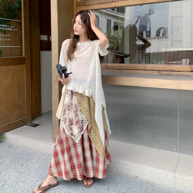 不规则设计感套装裙2025女夏新款复古小众韩系氛围感T恤红格子裙a