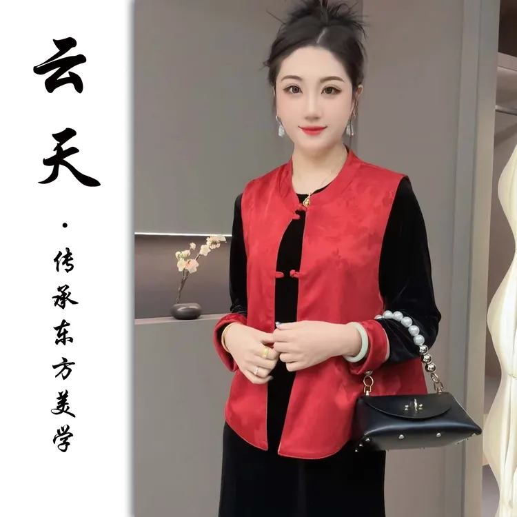 6938 云天定制大码显瘦高级红枫双面穿马甲+圆领丝绒连衣裙两件套