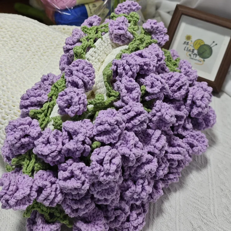 成品 纯手工DIY毛线钩织紫色康乃馨花束毯子三合一披肩 