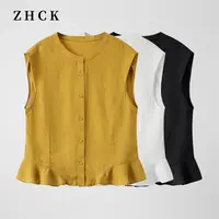 ZHCK韩系百搭荷叶边无袖衬衫2025夏季新款纯色单排扣设计感上衣女