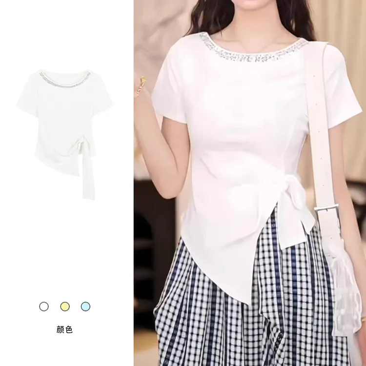 现货【亮片不规则开叉短袖T恤女绑带设计感上衣 FD001】