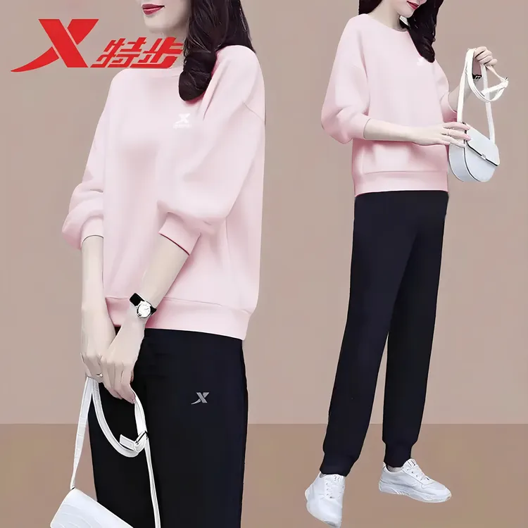 特步卫衣套装女款春秋季针织跑步长袖卫裤2025新款纯色休闲运动服