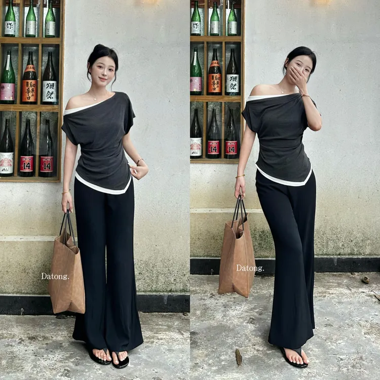 【Datong】韩版高腰显瘦直筒西装裤休闲微喇裤