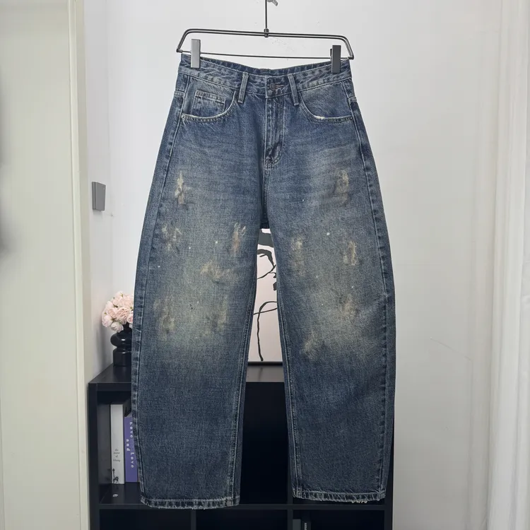 秋冬男士水洗做旧秋季泼墨牛仔裤阔筒裤复古潮流弯刀裤3902XP宽松