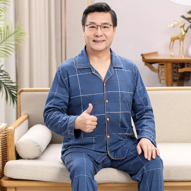 纯棉春秋季新款中老年男长袖开衫睡衣爸爸休闲宽松大码家居服套装