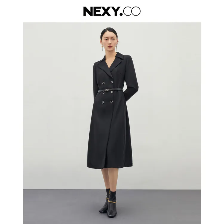 NEXY.CO/奈蔻气质时尚黑色中长款中长款修身优雅连衣裙XF04393W0