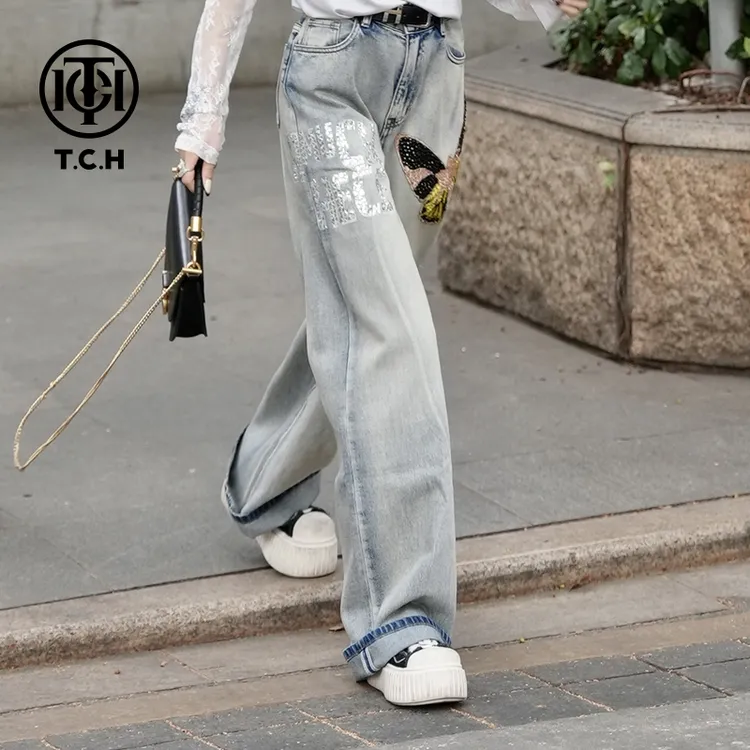 TCH私服烫钻工艺25蝴蝶休闲复古直筒牛仔裤女T69C20E8007轻奢tch