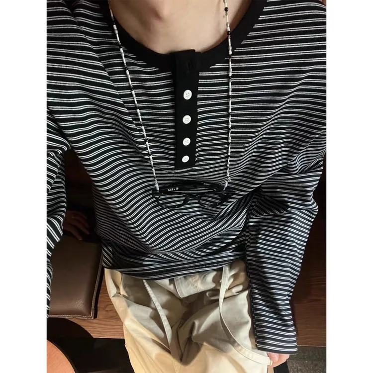 黑色条纹亨利领长袖T恤男生慵懒高级感Polo衫cleanfit内搭打底衫