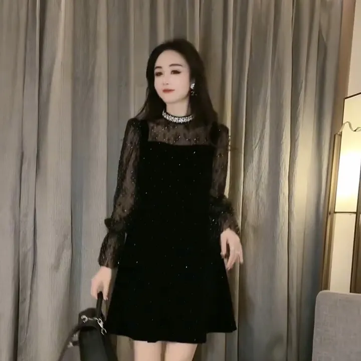 半高领拼接长袖连衣裙赫本风长款裙子女装蕾丝法式秋冬季小黑裙