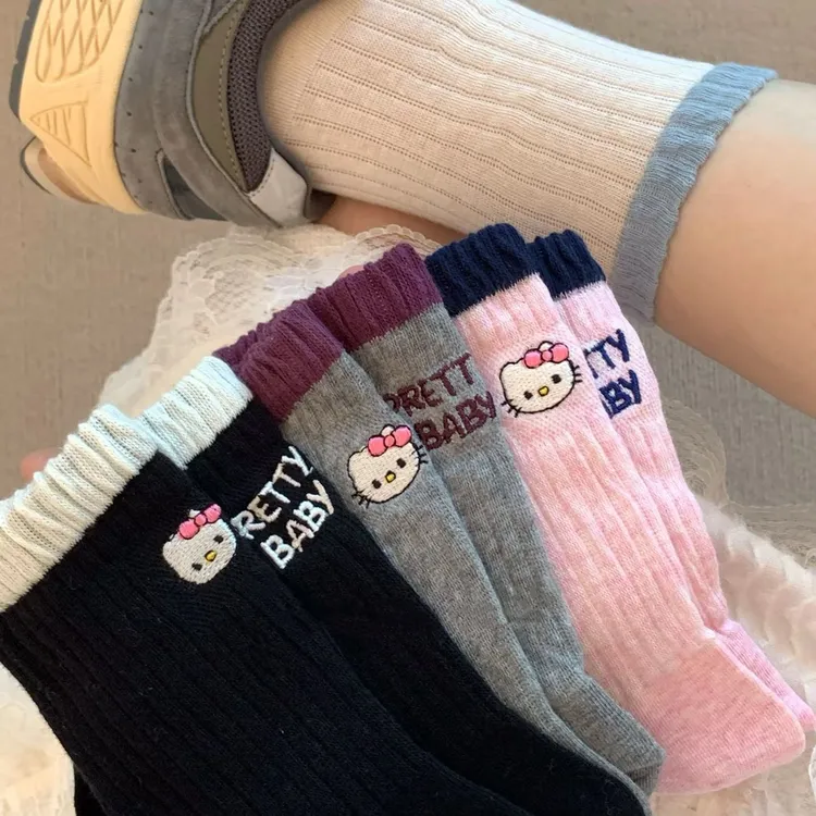 早秋袜子女中筒袜撞色韩版ins卡通kt猫字母ab不对称个性潮流袜Q