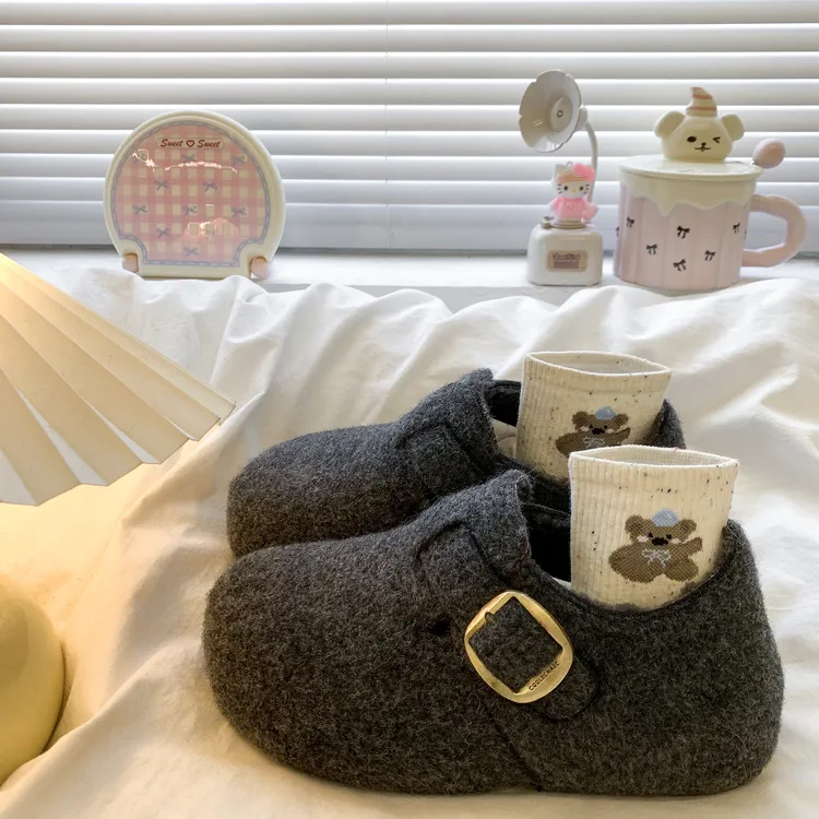 啄木鸟全包灰色厚底内增高勃肯鞋女2025新款秋冬加绒懒人博肯棉鞋