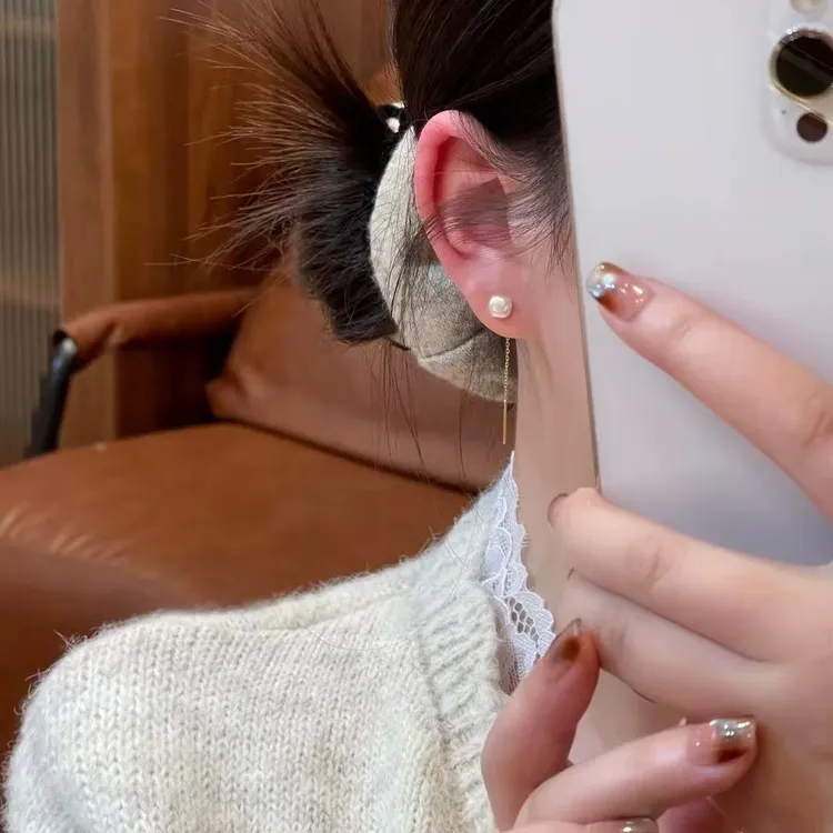 珠珠方形简约耳线轻奢法式小众耳环适合圆脸大脸气质潮流流苏耳饰