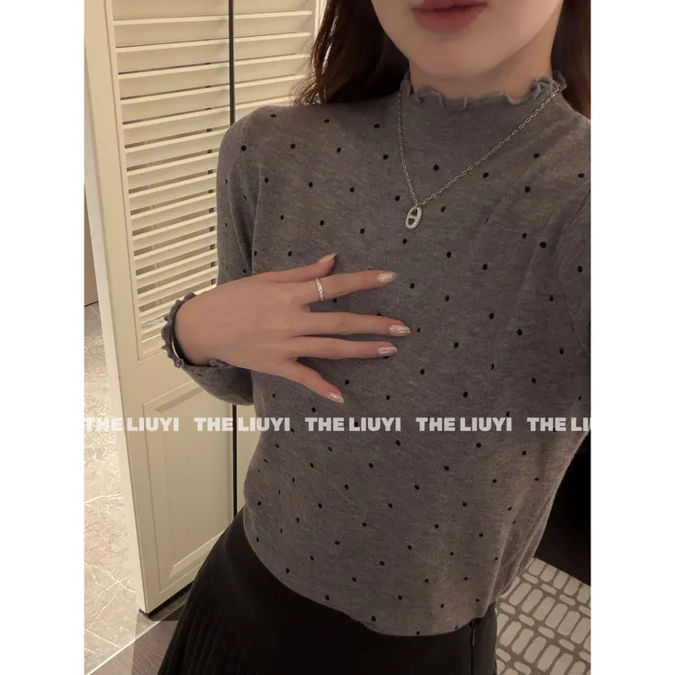 【LIUYI】波点木耳边半高领百搭针织上衣510316