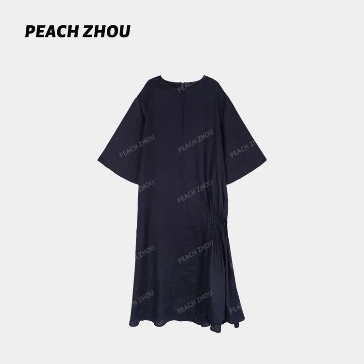 『PEACHZHOU』100亚麻侧褶通勤简约高级感宽松圆领中长款短袖连衣裙
