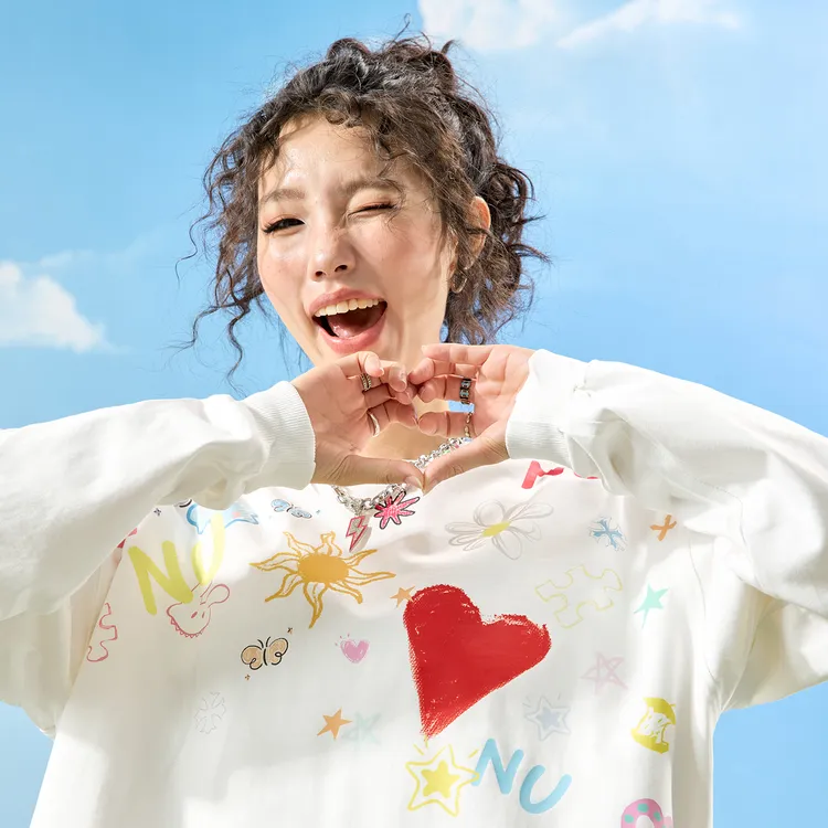 Nuthink美式潮牌童趣卡通涂鸦印花长袖T恤宽松情侣男女2025秋新款