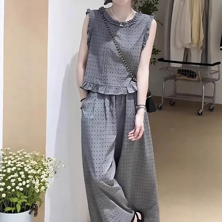 2025巨好看的套装波点花边无袖上衣宽松阔腿裤巨好看的夏装两件套