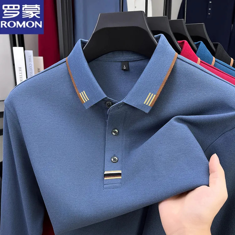 罗蒙秋季纯棉撞色翻领POLO衫商务休闲男士长袖卫衣时尚百搭男装潮