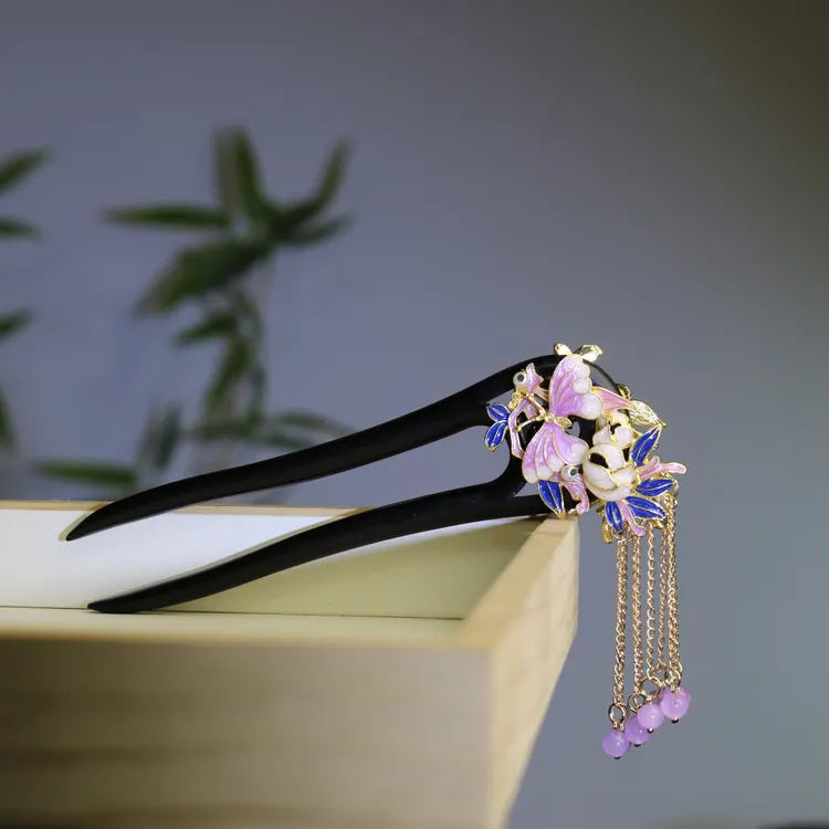 （双面）黑檀木双簪15厘米【紫婉君】紫色蝴蝶双面流苏国风u型发簪