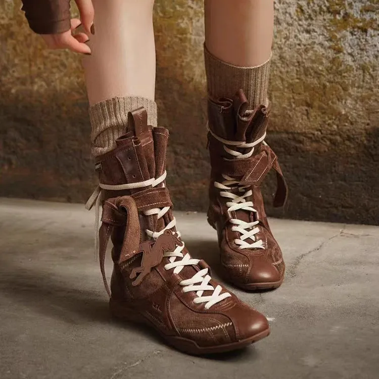平底内增高马丁靴女2025新款拳击靴磨砂皮系带短靴德训靴单靴靴子