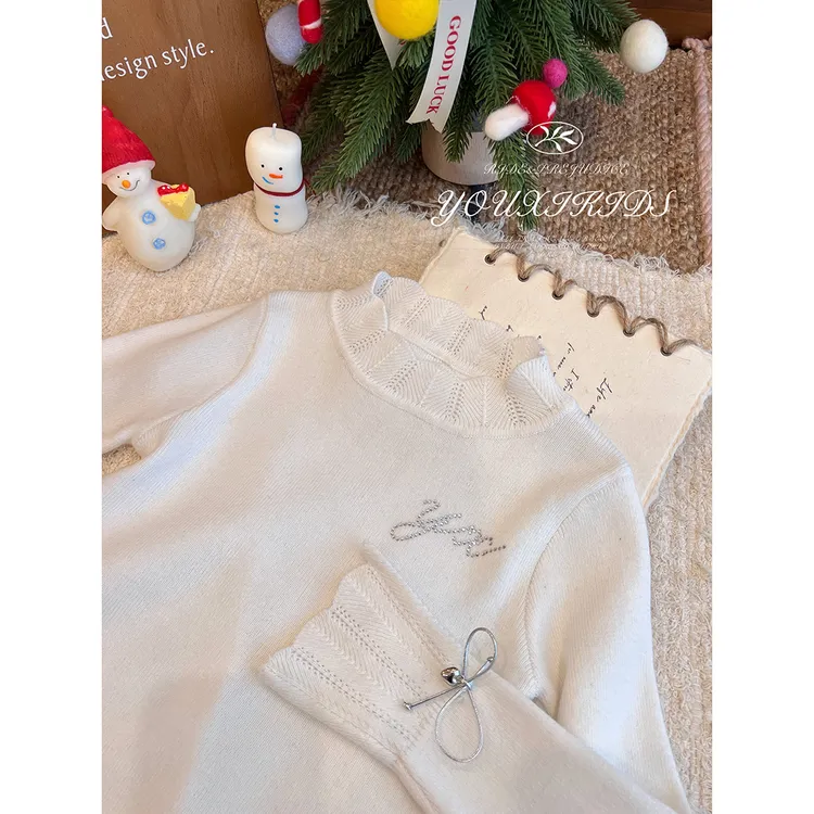 飞飞家·轻羽25新秋冬亲子高级感立领花边袖水钻套头毛衣 FF3134