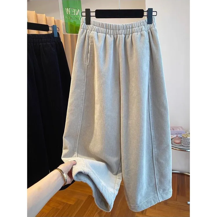 大码女装胖mm240斤加绒加厚宽松灯芯绒阔腿裤女直筒休闲奶奶裤子