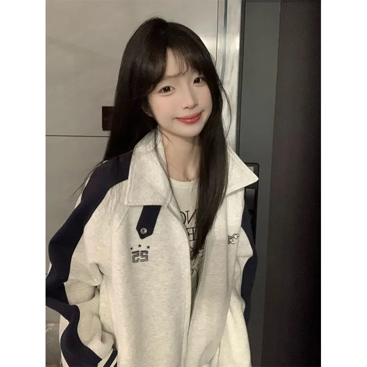 美式高街字母刺绣立领卫衣女春秋新款宽松慵懒风情棉开衫外套上衣