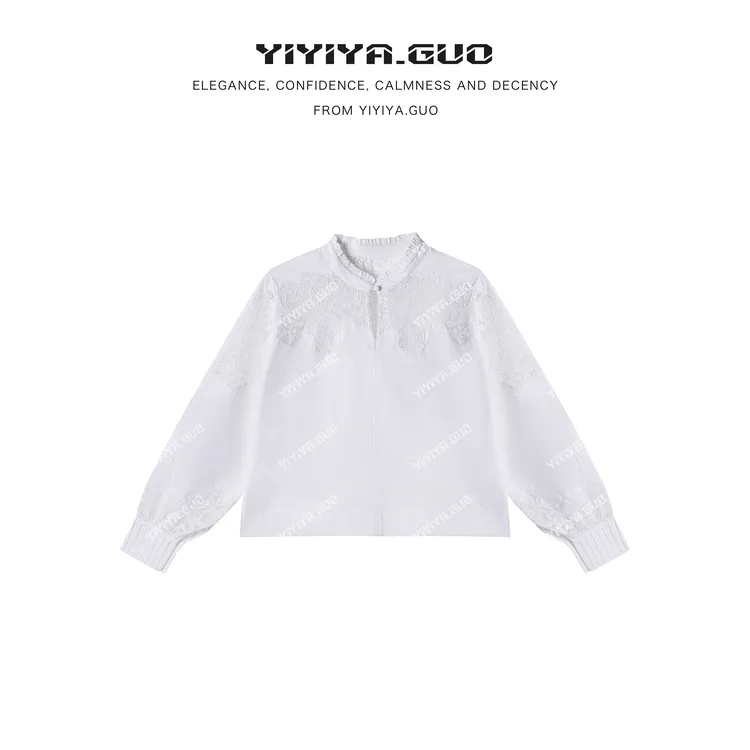 yiyiya.Guo艺艺吖【蕾丝物语】落肩立领蕾丝刺绣长袖衬衫010029SS52