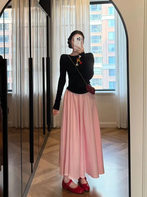 2025早春新款韩系温柔气质超显瘦长袖上衣百搭甜美粉色半身裙套装